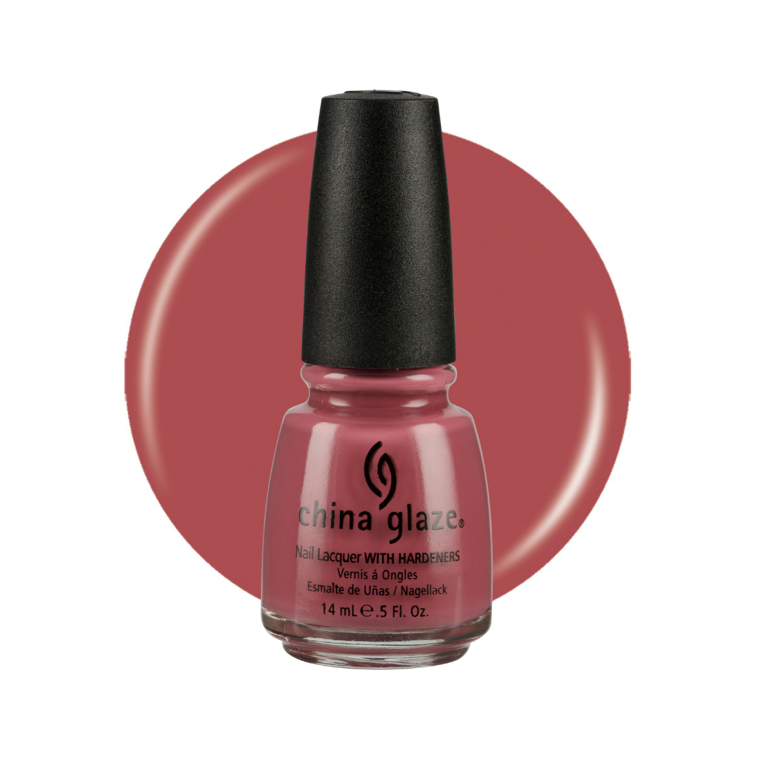 A bottle of China Glaze nail lacquer with a black cap, shown in front of a large circular color swatch of the dusty rose-red lacquer on a white background.