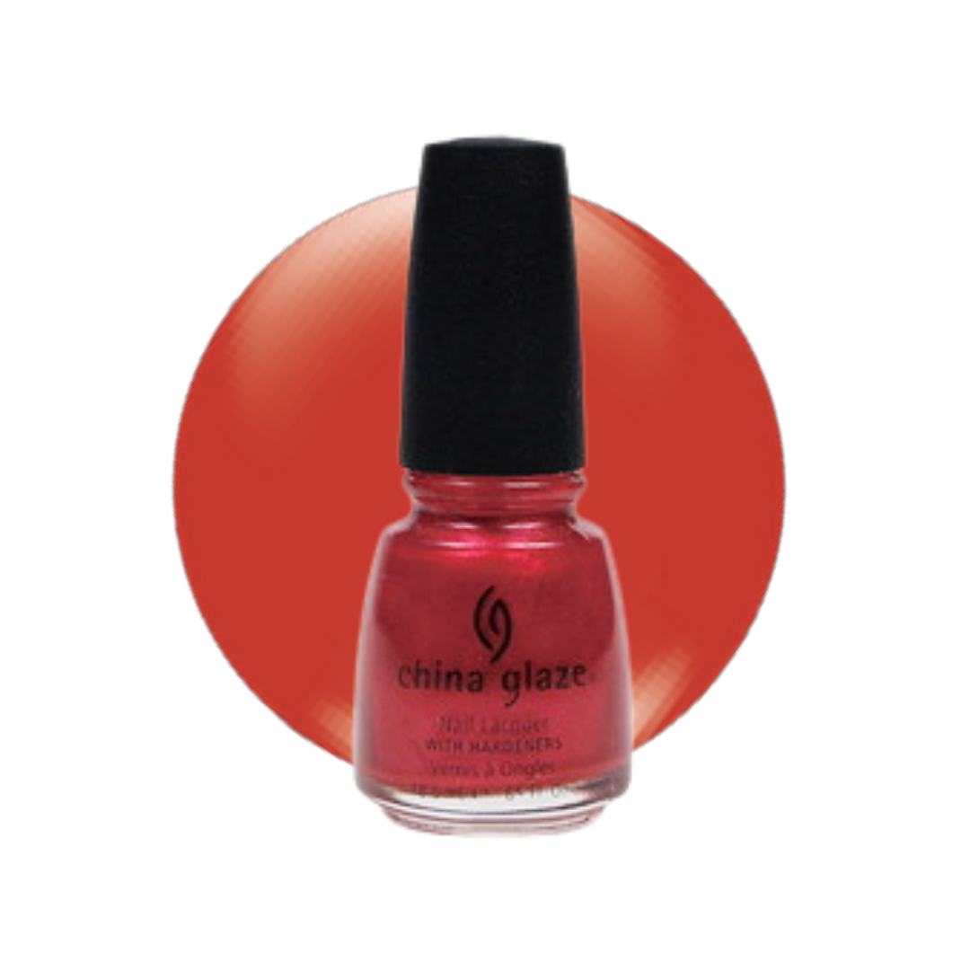A bottle of China Glaze nail lacquer with a black cap, shown in front of a large orange-red circular color swatch on a white background.