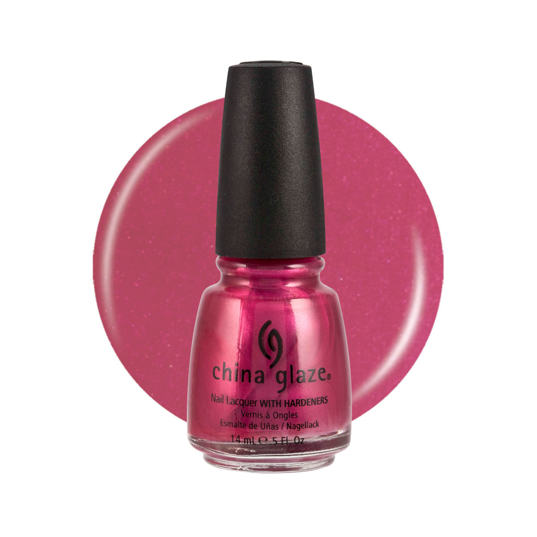 A bottle of China Glaze nail polish with hardeners in a sparkling magenta-pink shade, set against a matching circular color swatch on a white background.