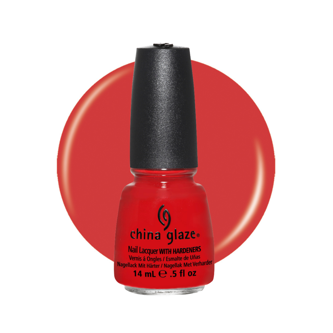 A bottle of China Glaze nail polish in a vibrant red shade, shown against a white background with a large matching red circular color swatch behind it.