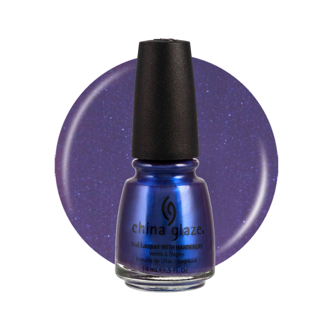A bottle of China Glaze nail polish in a deep blue-purple shade with fine silver glitter, shown in front of a matching circular swatch on a white background.