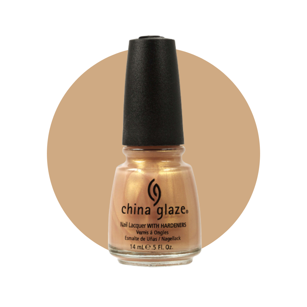 A bottle of China Glaze nail polish in a shimmering champagne gold shade, set against a solid tan circular background on a white canvas.