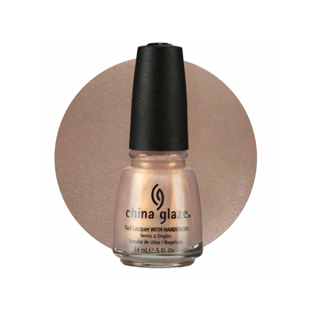 A bottle of China Glaze nail lacquer with a black cap, showing a shimmering warm nude-pink polish, set against a large matching circular color swatch on a white background.