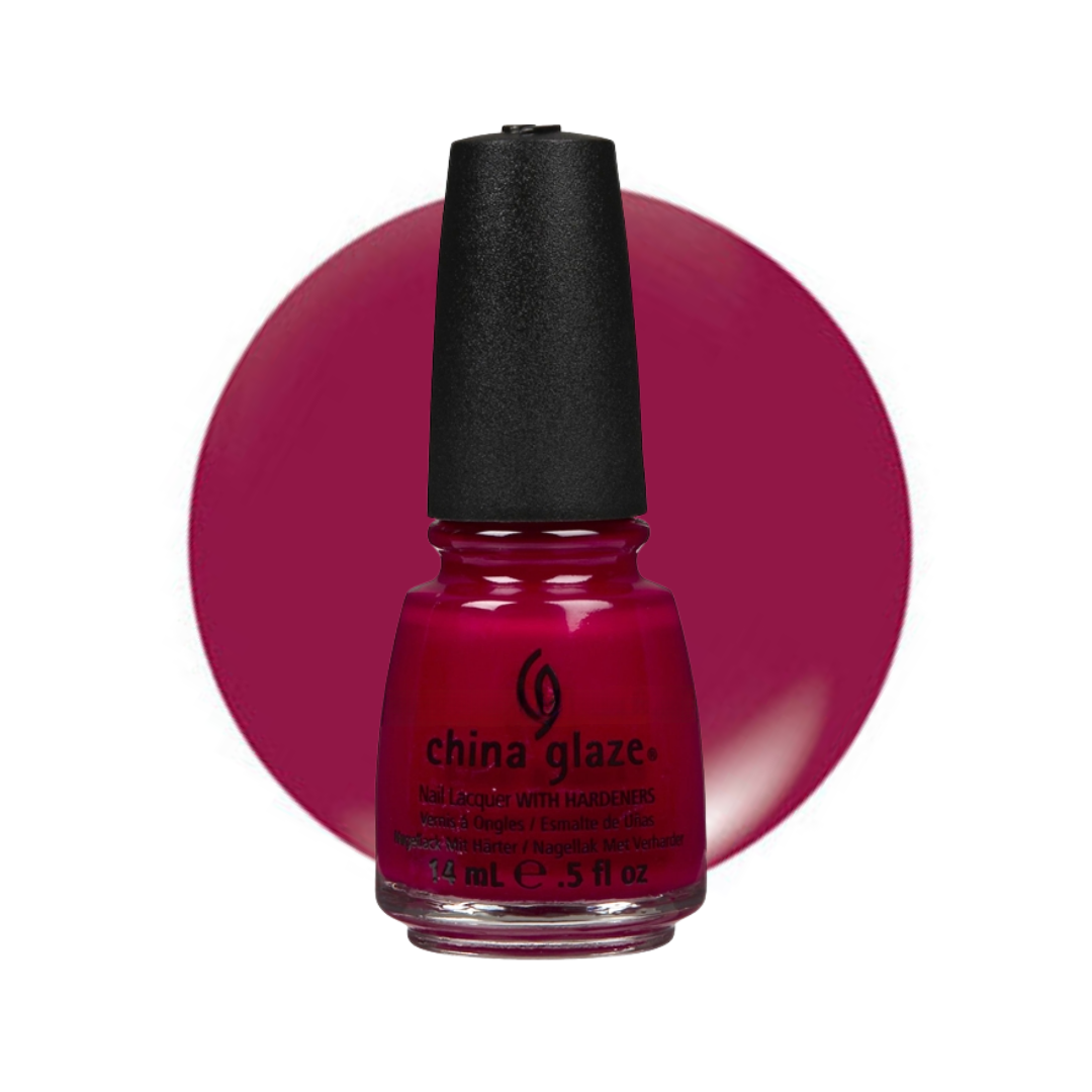 A bottle of China Glaze nail polish in a deep magenta shade, set against a matching circular color swatch on a white background.