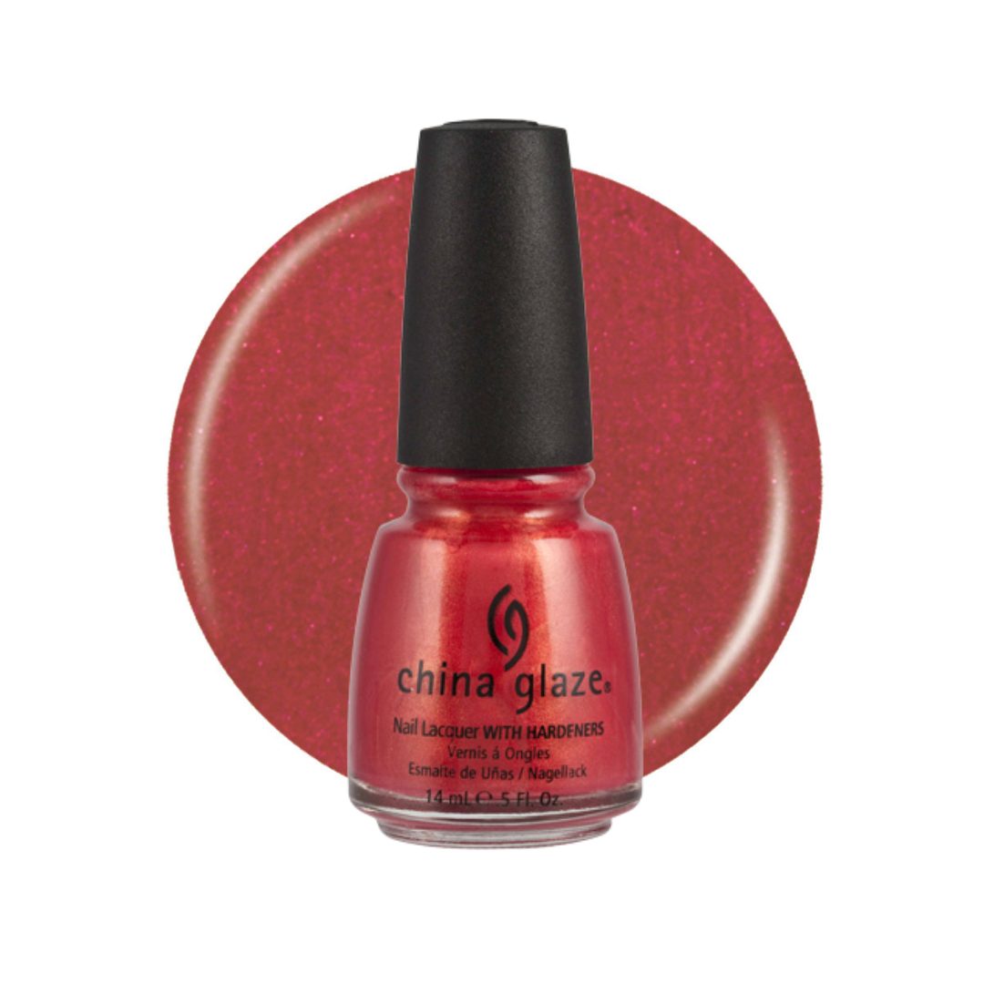 A bottle of China Glaze nail lacquer with hardeners in a sparkling red shade, set against a matching circular swatch on a white background.