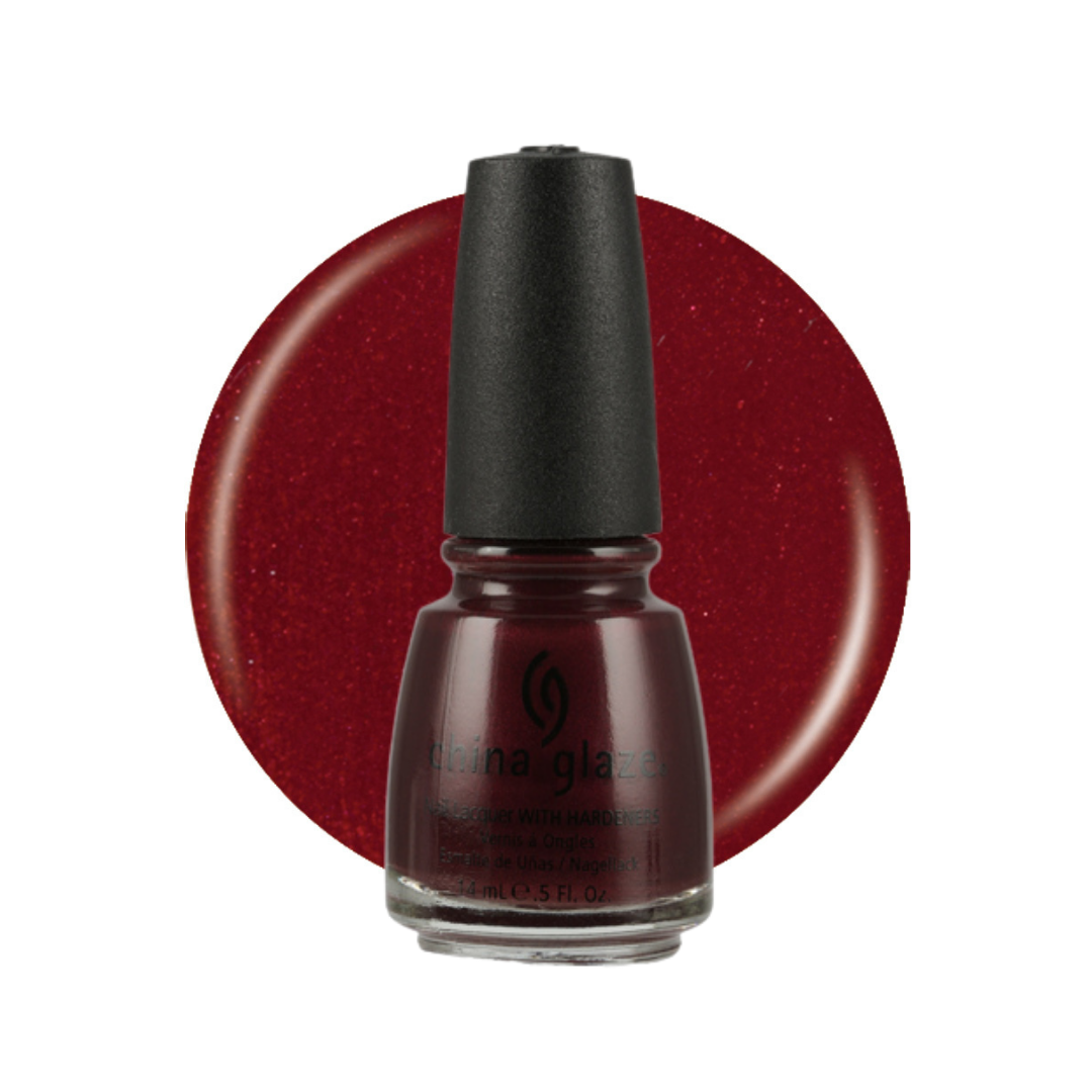 A bottle of China Glaze nail polish in a deep glittery burgundy shade, shown in front of a matching circular color swatch on a white background.