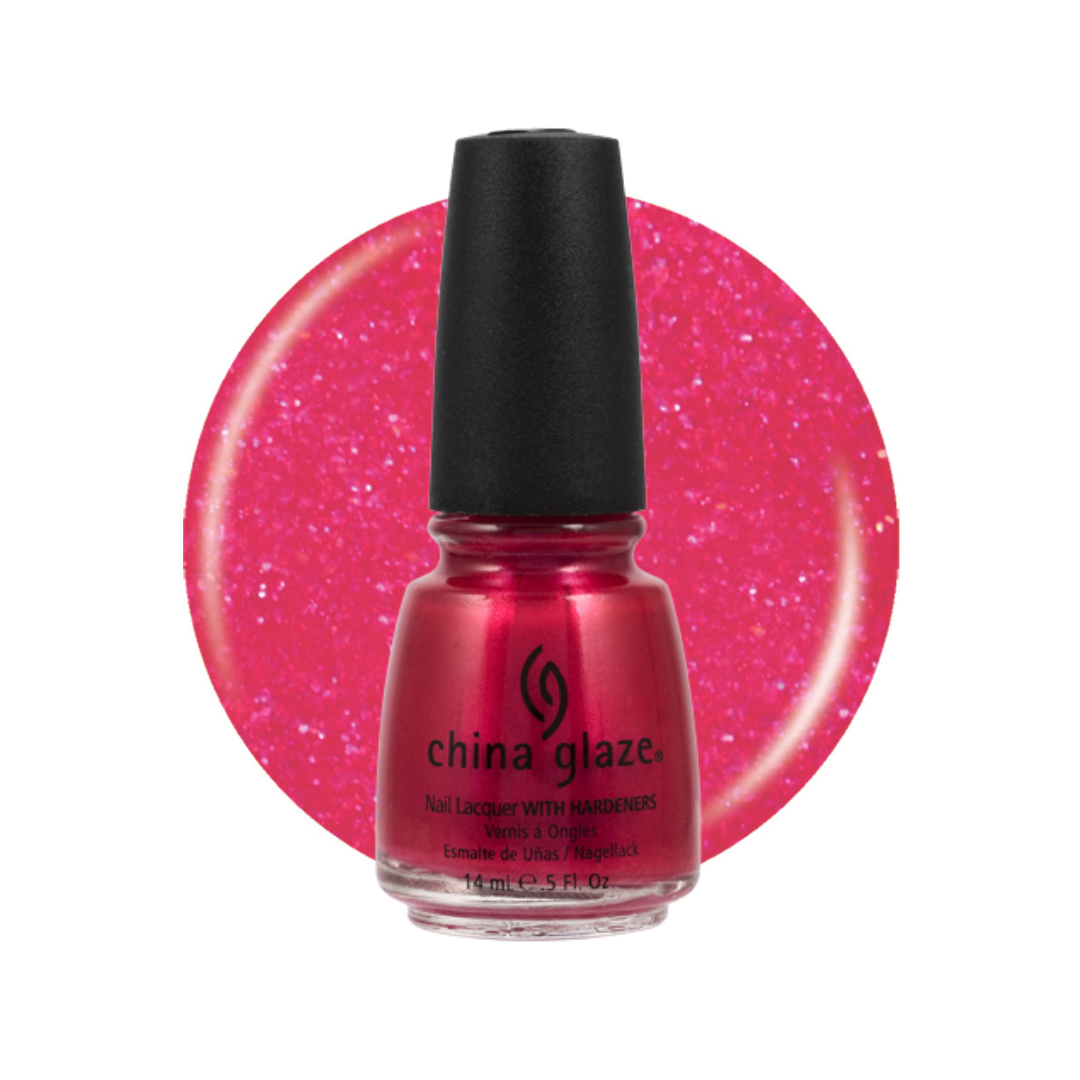 A bottle of China Glaze nail polish in a bright pink glitter shade, shown in front of a matching circular glitter swatch on a white background.