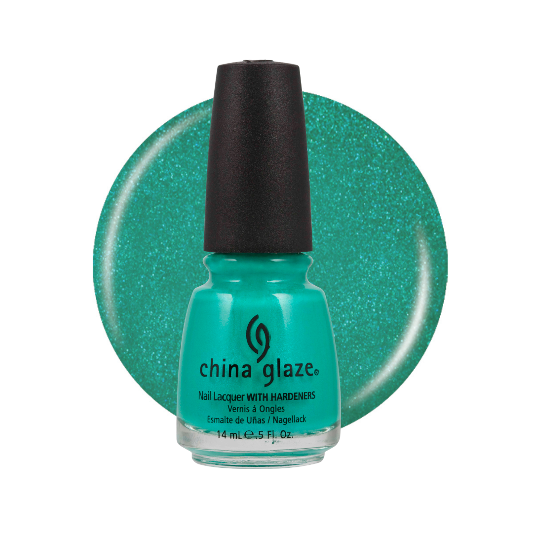 A bottle of China Glaze nail polish with hardeners in a sparkling teal green shade, shown in front of a matching glitter swatch circle on a white background.
