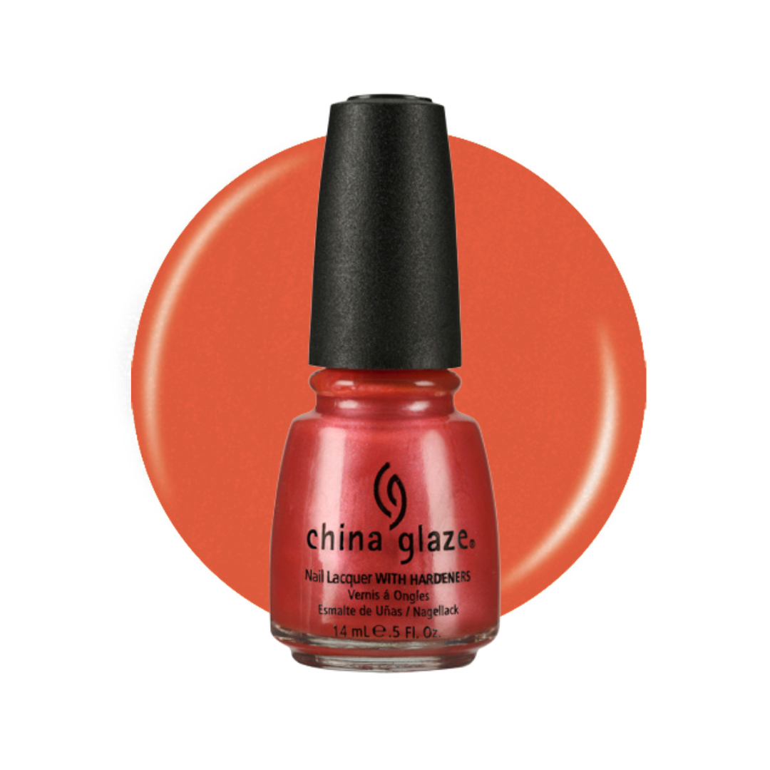 A bottle of China Glaze nail polish in a vibrant coral-orange shade, set against a matching circular color swatch on a white background.