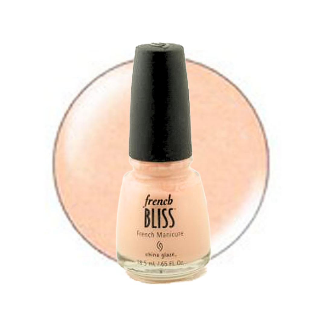 A bottle of French Bliss nail polish in a light peachy pink shade, shown against a white background with a large circular color swatch behind it.