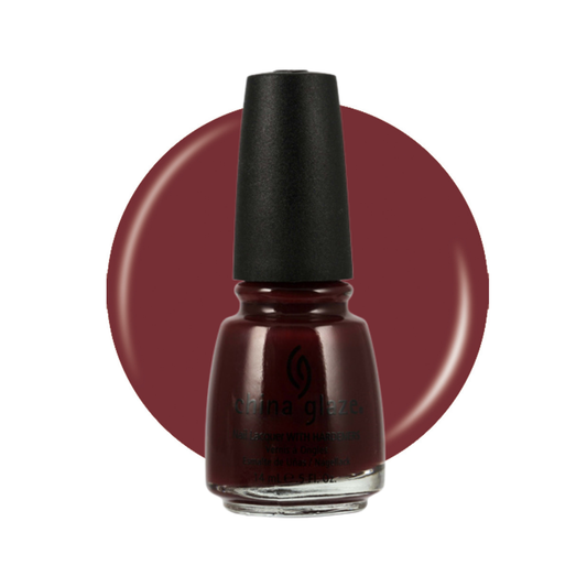 A bottle of China Glaze nail polish in a deep burgundy shade, shown in front of a matching circular color swatch on a white background.