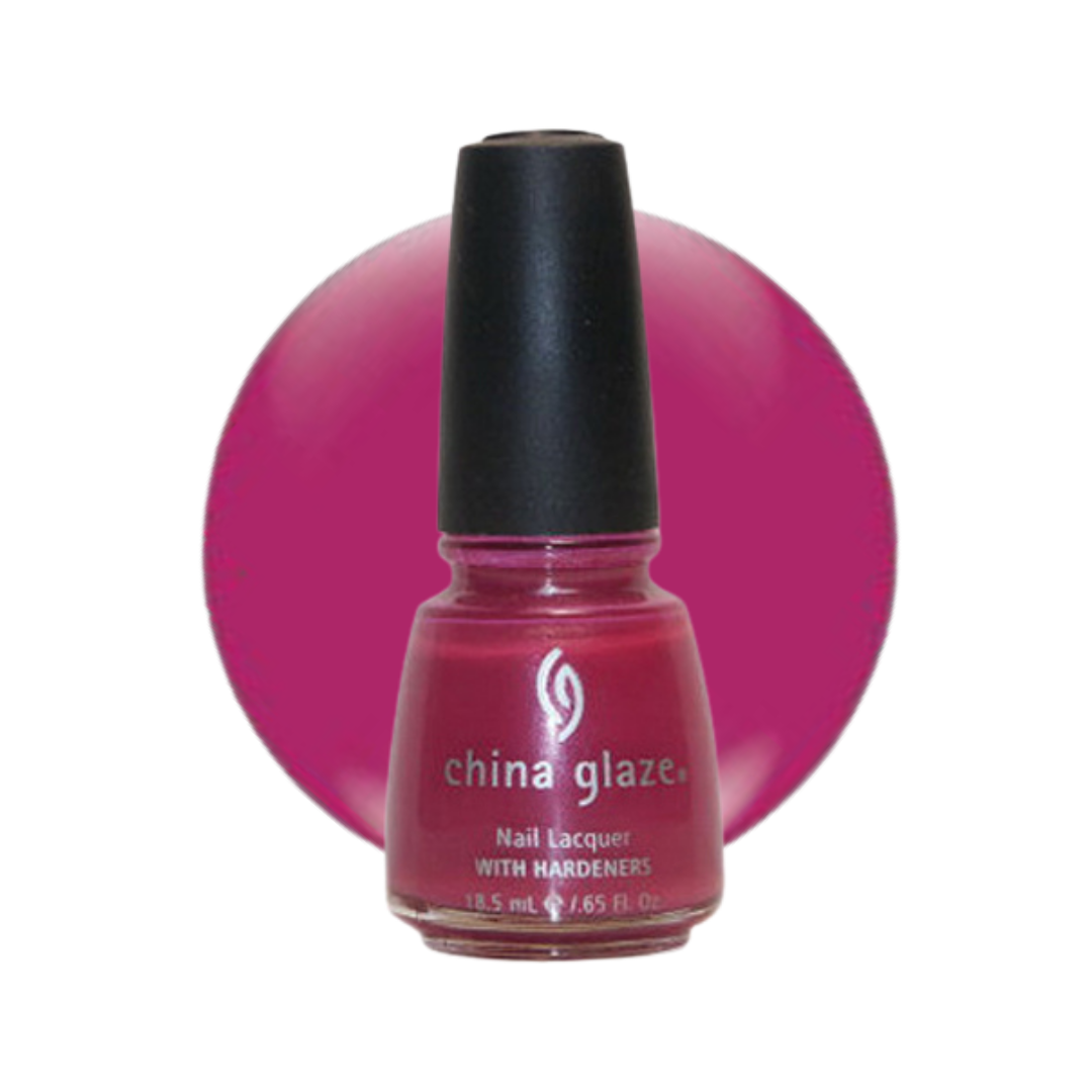 A bottle of China Glaze nail polish in a vibrant magenta-pink shade, set against a matching circular color swatch on a white background.