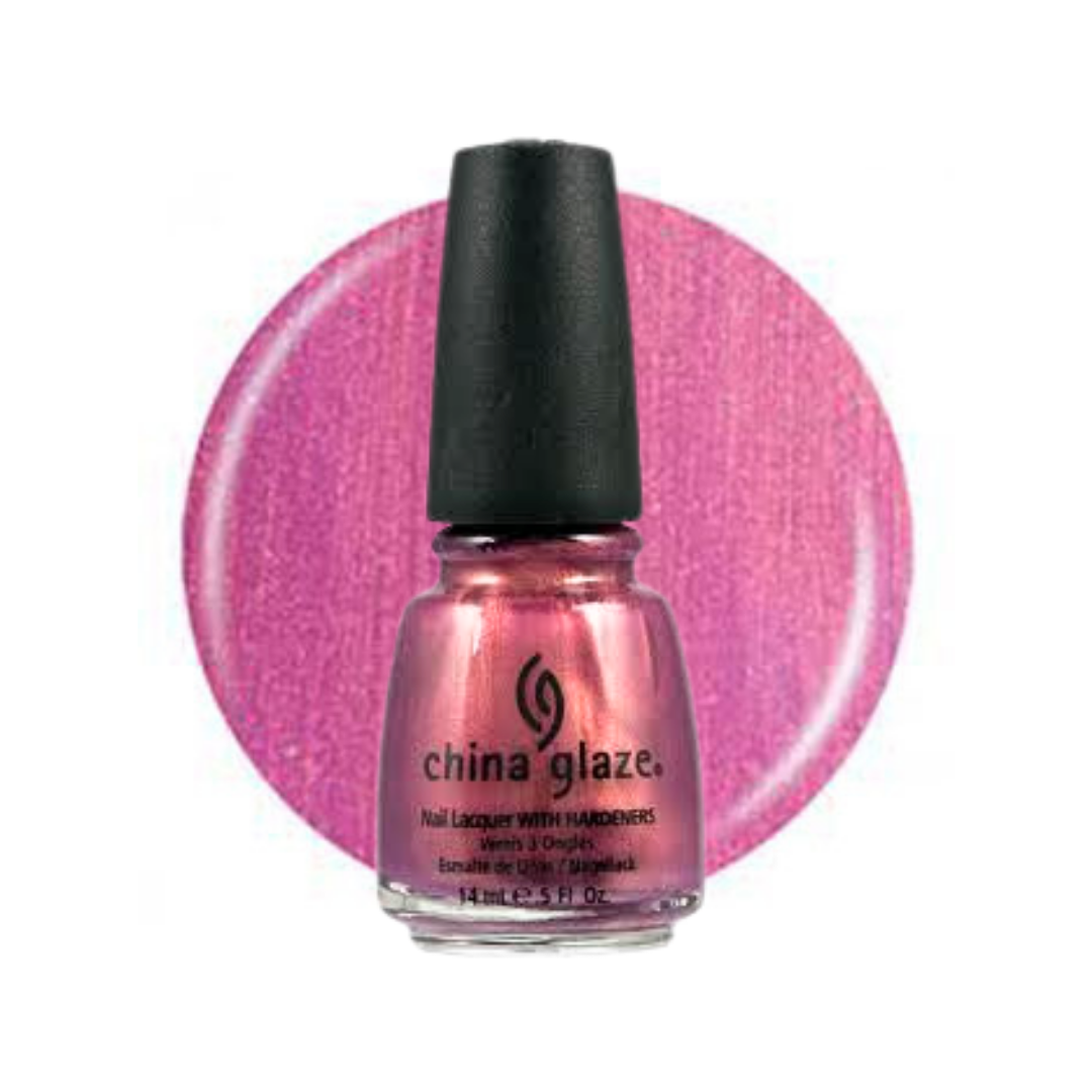 A bottle of China Glaze nail polish in a shimmery pink shade, shown in front of a matching circular color swatch on a white background.