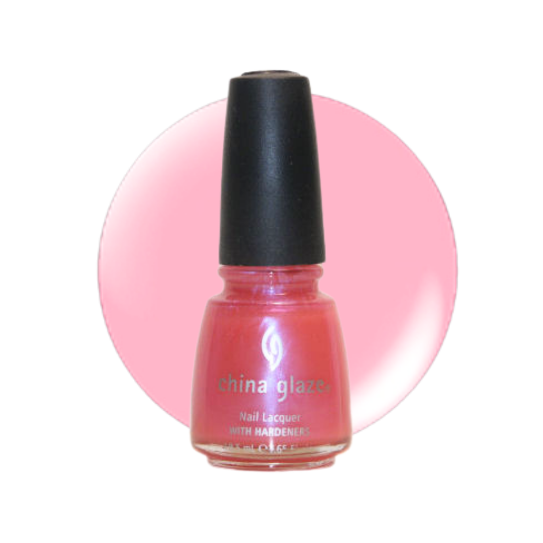 A bottle of China Glaze nail polish in a pink shade, shown against a white background with a large pink circular color swatch behind it.