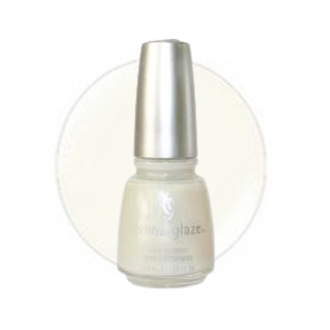 A bottle of nail polish in a warm off-white shade, featuring a metallic silver cap, set against a white background with a faint circular color swatch.