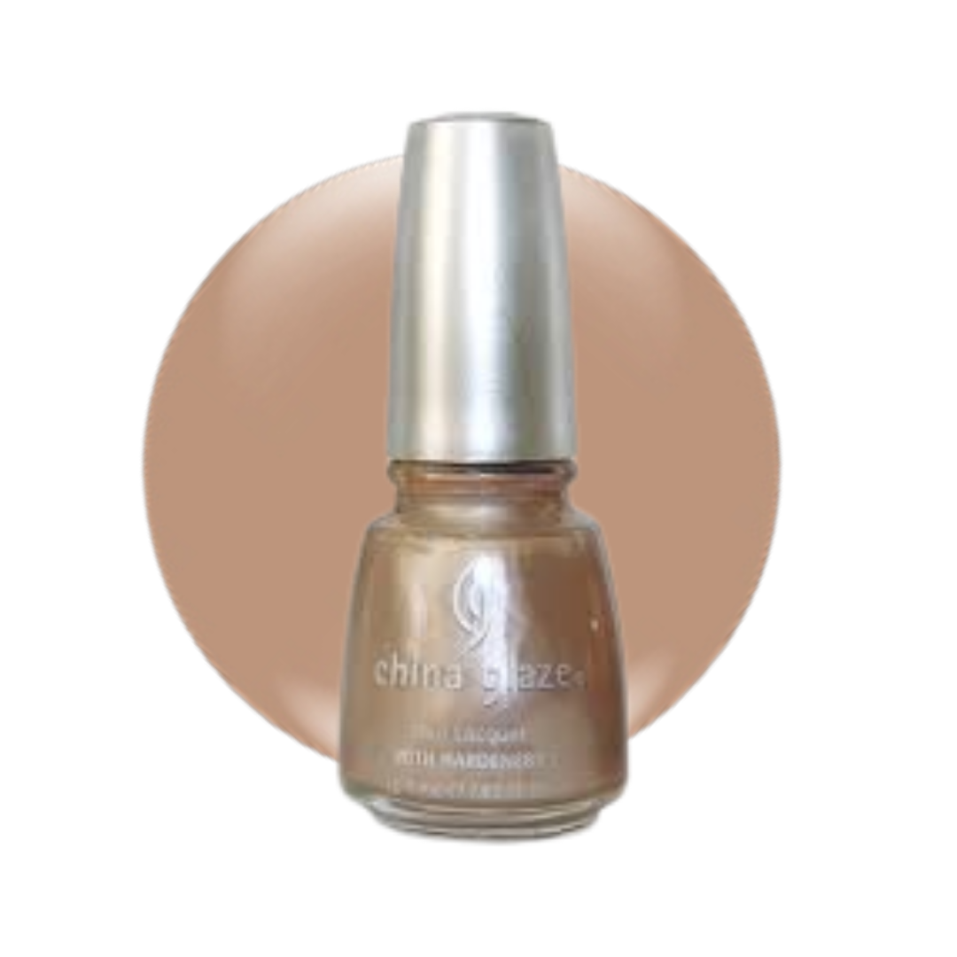 A bottle of China Blaze nail polish in a warm nude beige shade, shown against a white background with a matching beige circular color swatch behind it.