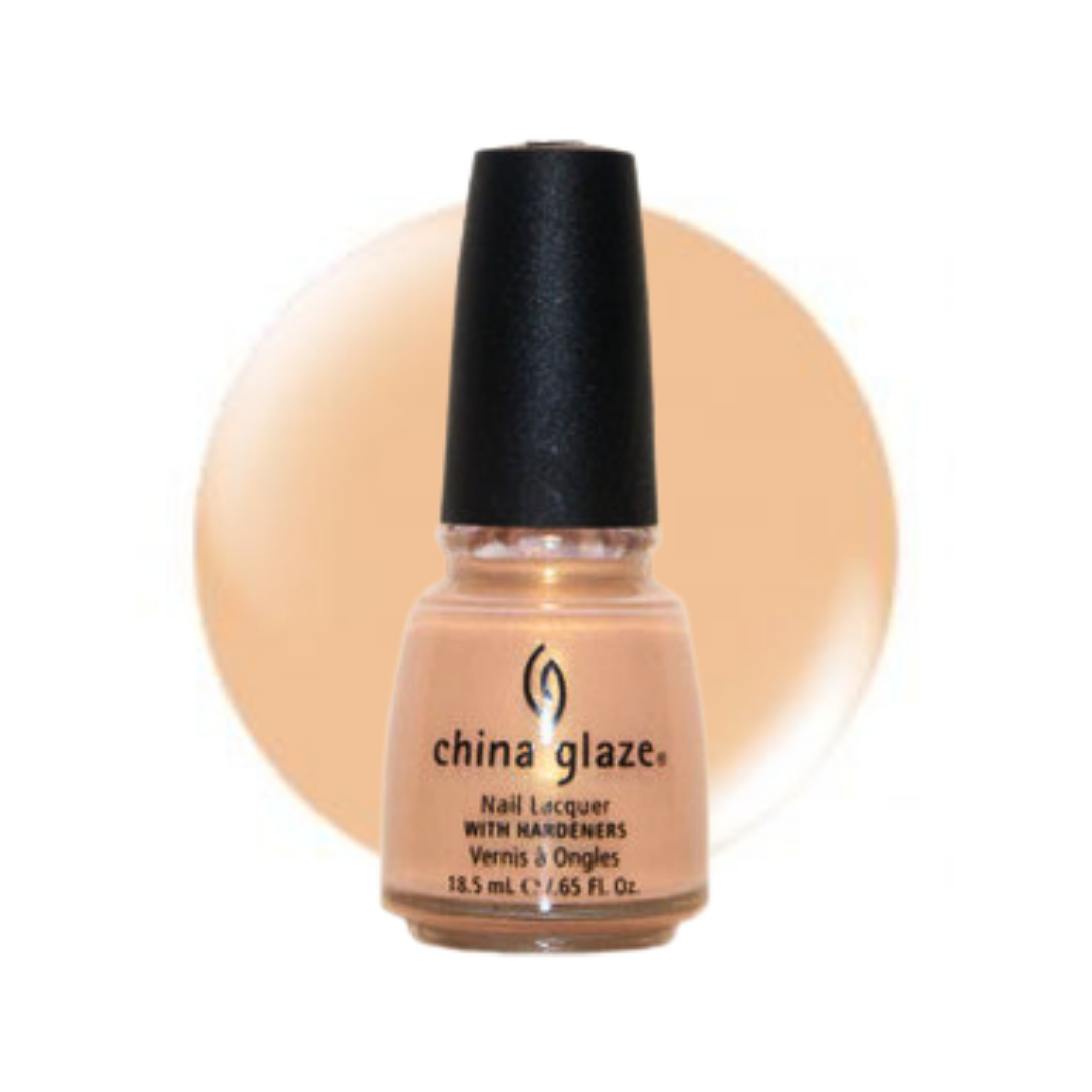 A bottle of China Glaze nail polish with a black cap, shown against a white background with a large beige circular color swatch behind it. The label reads china glaze Nail Lacquer
