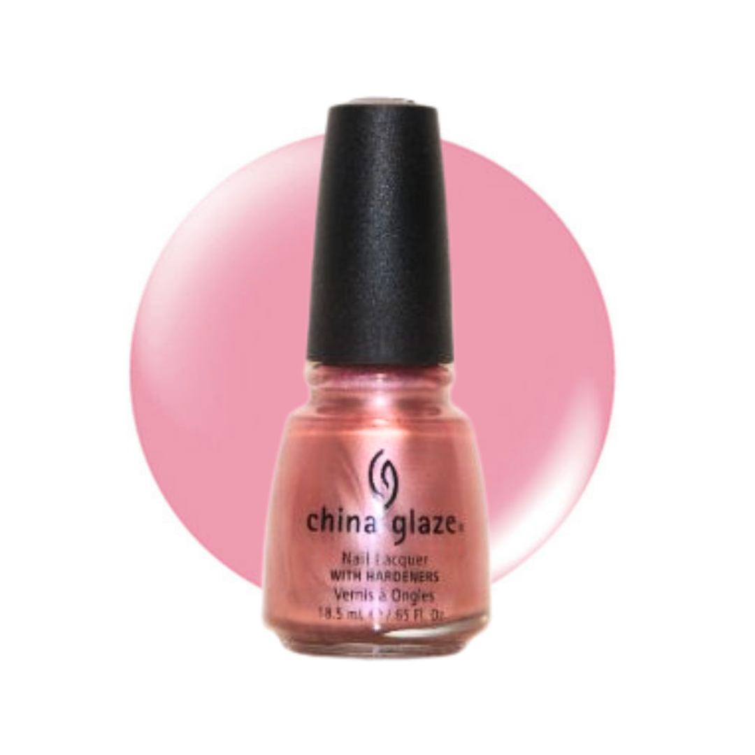 A bottle of China Glaze nail polish with hardeners in a shimmering pink shade, set against a solid pink circular background on a white canvas.