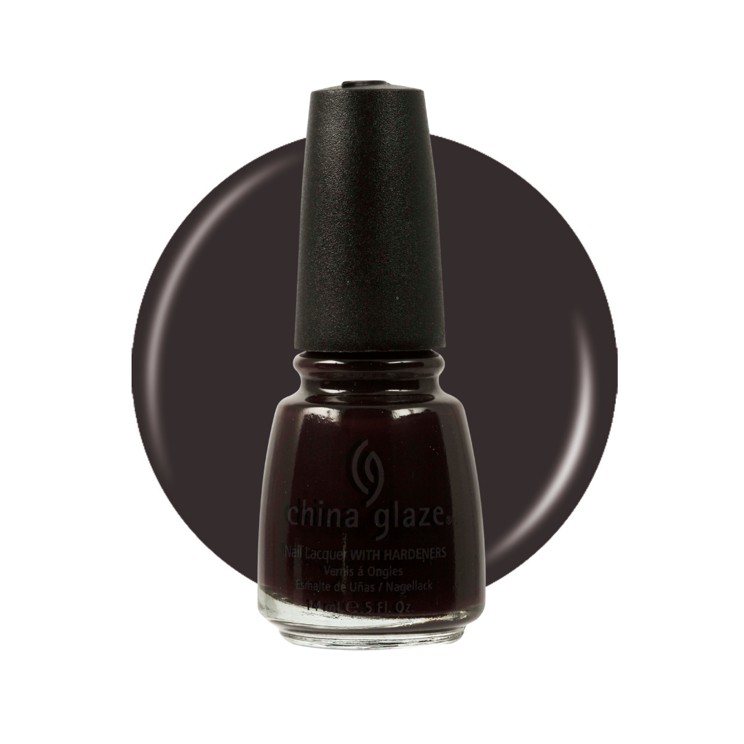 A bottle of China Glaze nail polish in a deep dark plum-brown shade, shown in front of a matching circular color swatch on a white background.