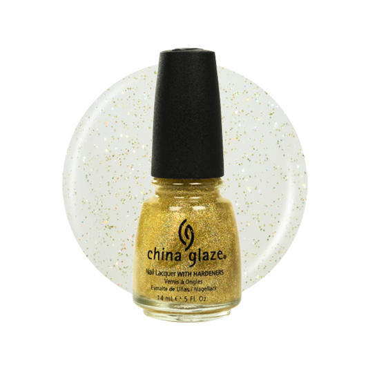 A bottle of China Glaze nail polish with gold glitter in a clear glass bottle and a black cap, set against a white circular background filled with gold glitter.