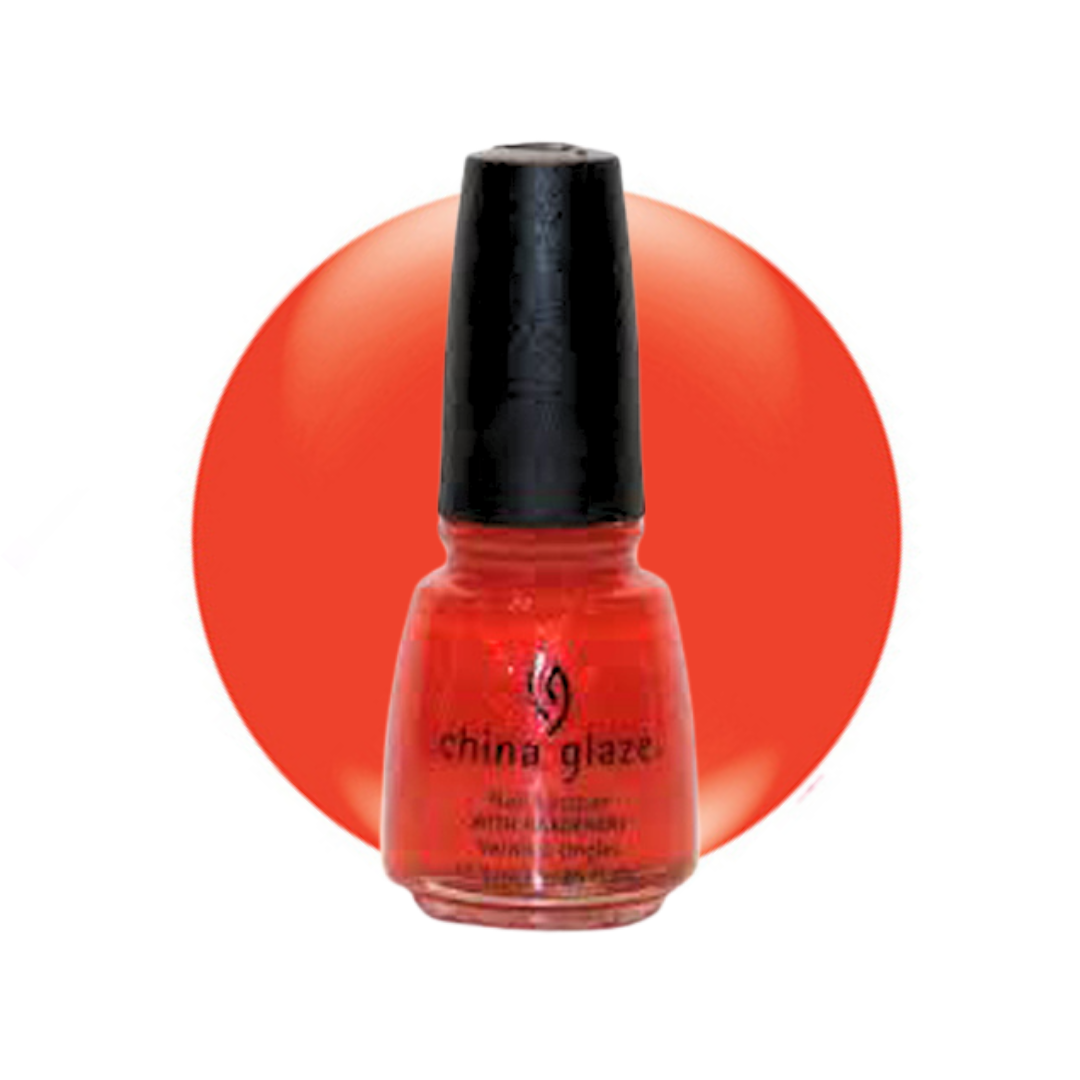 A bottle of China Glaze nail polish in a bright coral-red shade, shown against a white background with a large matching coral-red circular color swatch behind it.