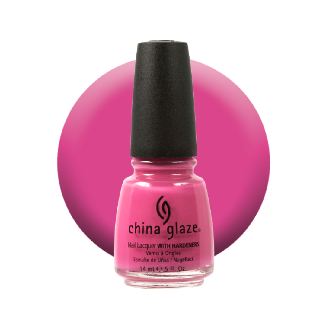 A bottle of China Glaze nail polish in a bright pink shade, set against a large matching pink circular color swatch on a white background.