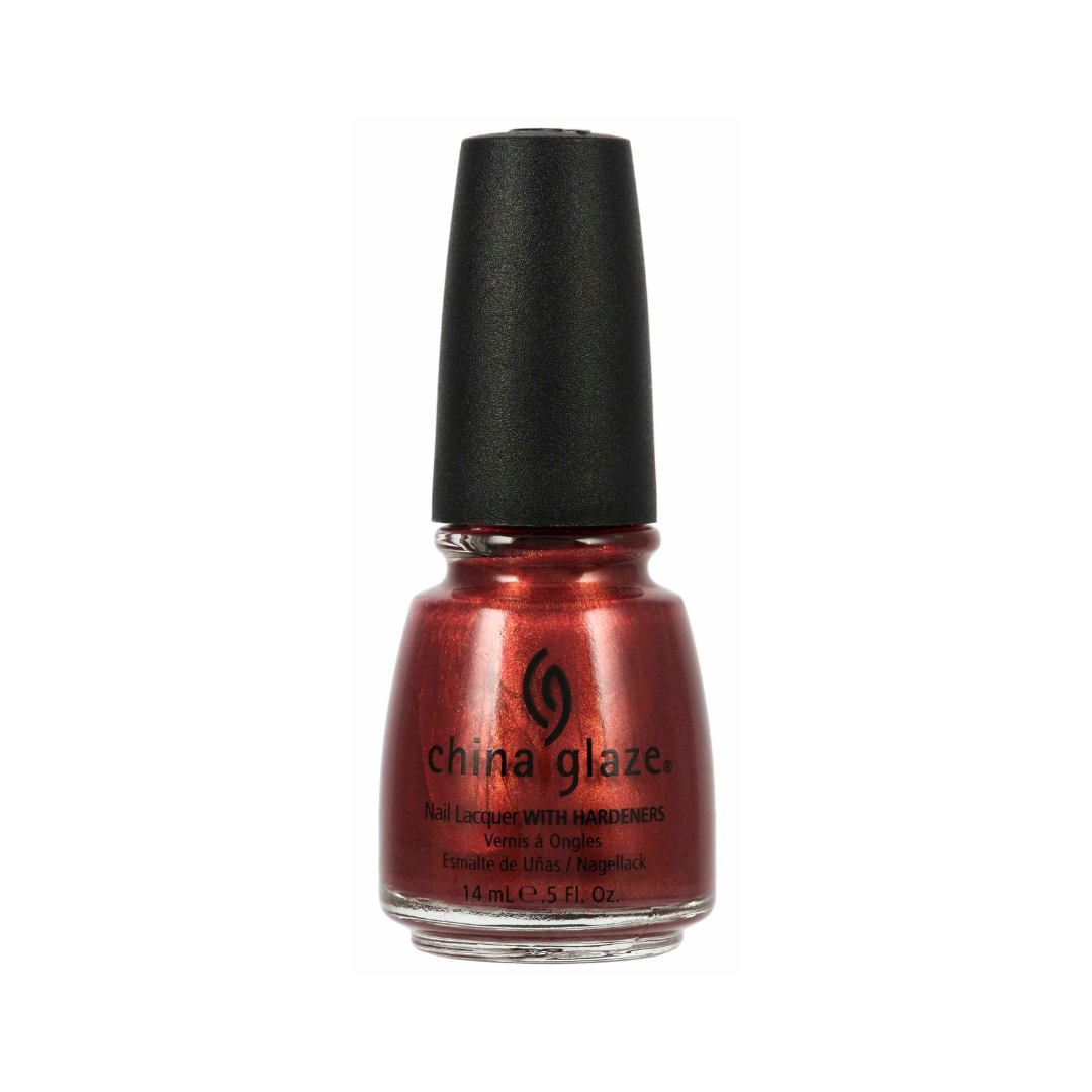 A bottle of China Glaze nail polish in a shimmering metallic copper-red shade, featuring a black cap and clear glass bottle on a white background.