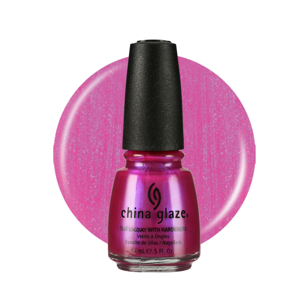 A bottle of China Glaze nail polish in a bright pink metallic shade, shown against a white background with a large matching pink circular swatch behind it.