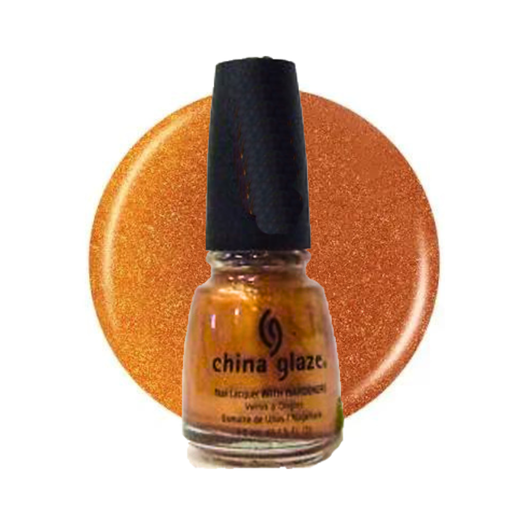 A bottle of China Glaze nail lacquer with a black cap, shown in front of a large circular swatch of the glittery orange polish color on a white background.