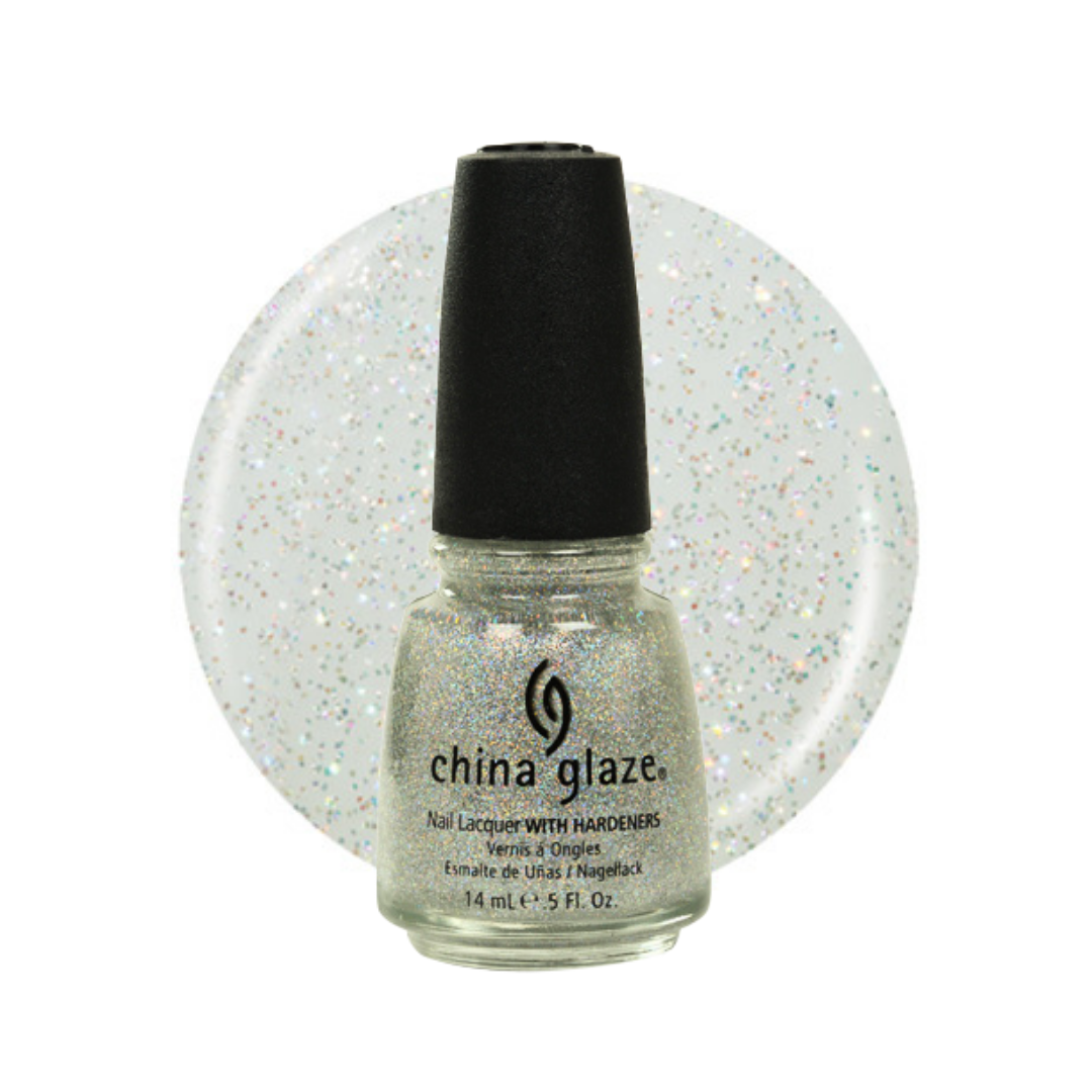 A bottle of China Glaze nail polish with hardeners, featuring a silver glitter polish in a clear glass bottle with a black cap, set against a circular white background swatch filled with the same silver glitter.