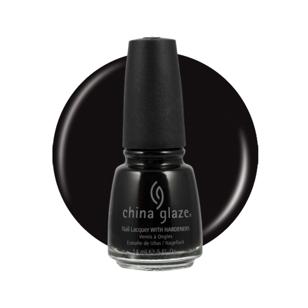 A bottle of China Glaze nail lacquer with a black cap and black label, set against a large black circular color swatch on a white background.