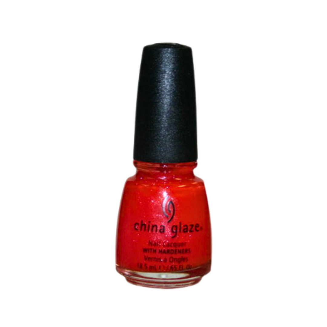 A bottle of China Glaze nail polish in a bright red-orange shade with shimmer, featuring a black cap, on a plain white background.