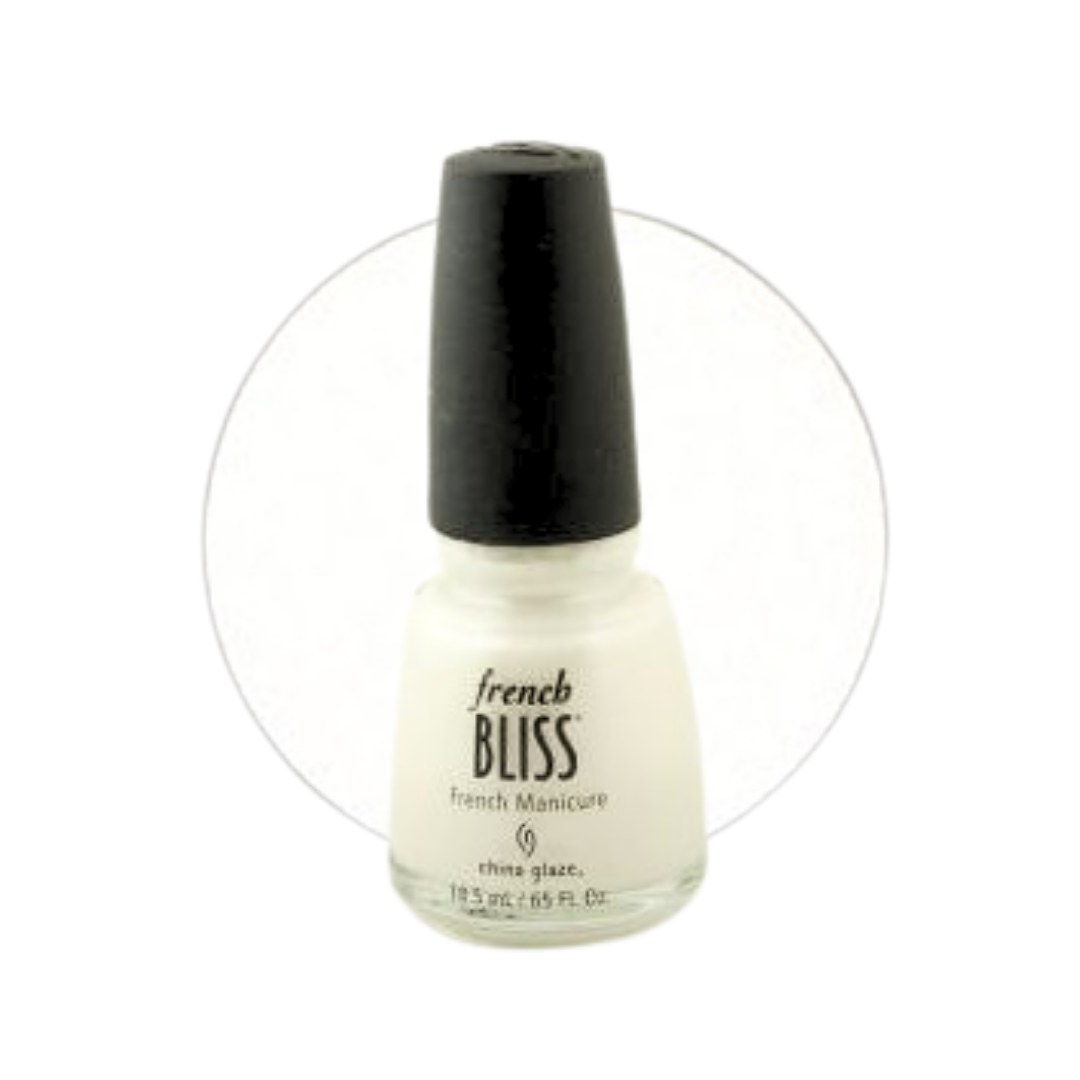 A bottle of China Glaze French Bliss French Manicure nail polish with a black cap and white polish inside, set against a white background with a faint circular color swatch.