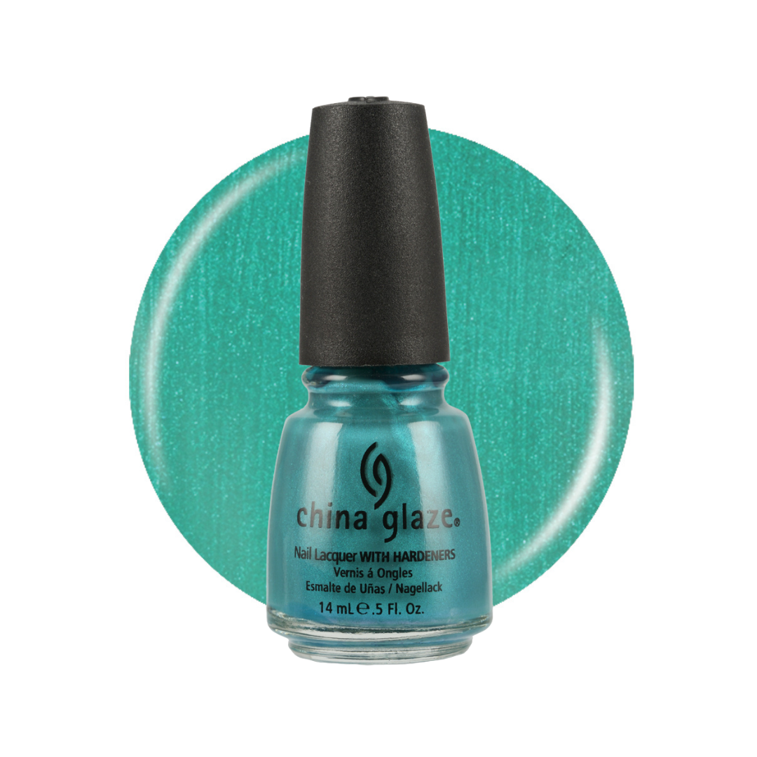 A bottle of China Glaze nail polish with hardeners in a shimmering teal blue-green shade, shown in front of a matching circular color swatch on a white background.