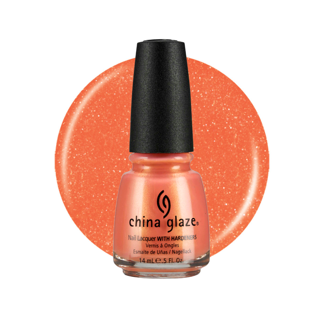 A bottle of China Glaze nail polish in a sparkling coral orange shade, shown in front of a matching glittery circular color swatch on a white background.