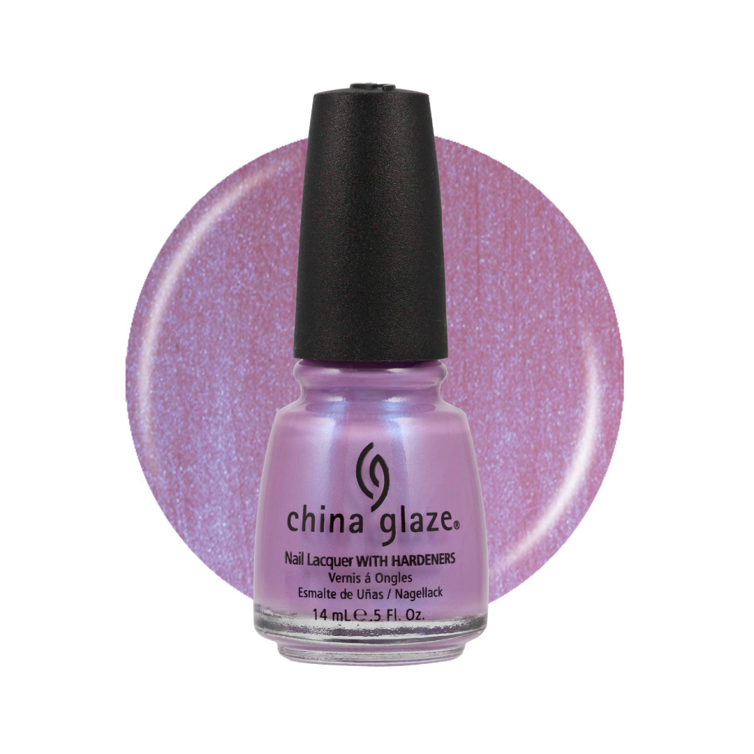 A bottle of China Glaze nail polish in a shimmery lavender-purple shade, shown in front of a matching circular color swatch on a white background.