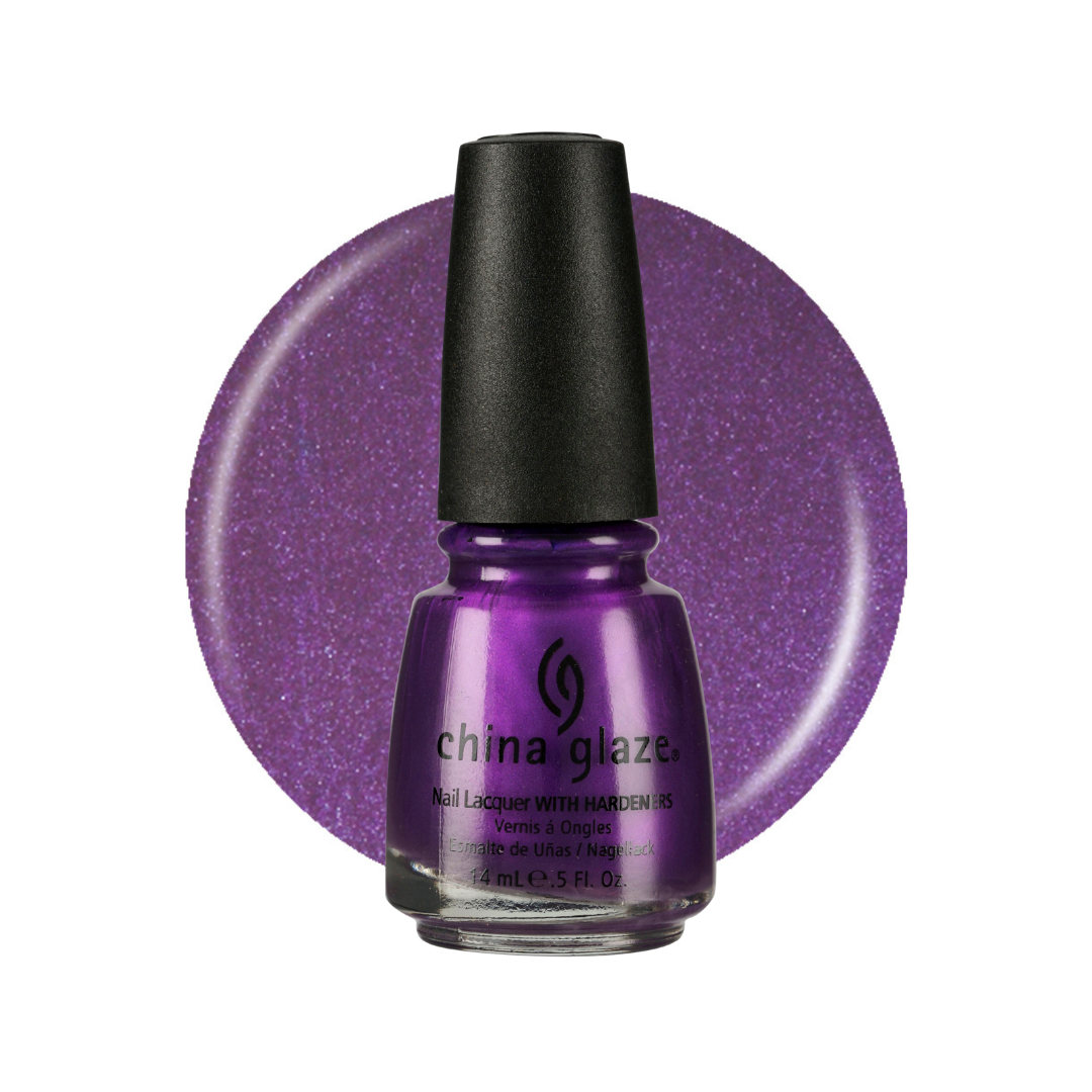A bottle of China Glaze nail polish in a sparkling purple shade, shown in front of a matching circular swatch on a white background.