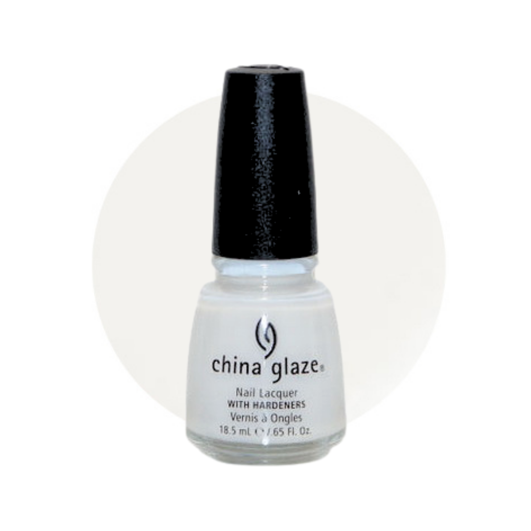 A bottle of China Glaze nail polish with hardeners in a light icy blue shade, featuring a black cap and white label, set against a white background with a light gray circular color swatch.