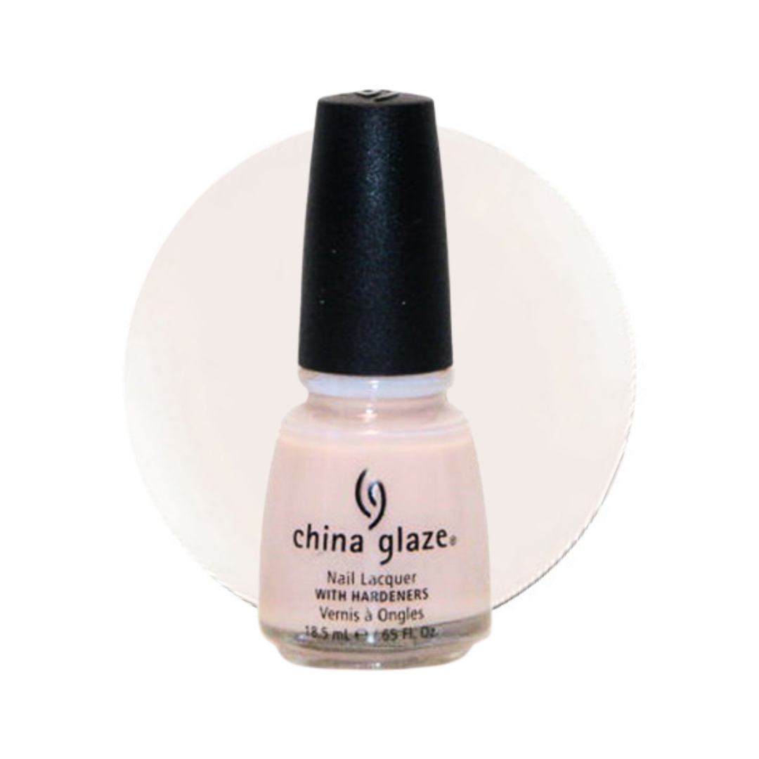 A bottle of China Glaze nail lacquer in a pale pink shade, featuring a black cap and a clear glass bottle, set against a white background with a circular color swatch.