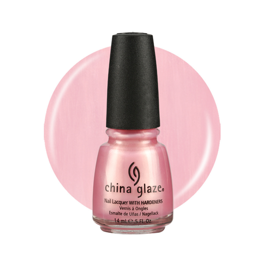 A bottle of China Glaze nail polish in a light pink shade, shown against a white background with a large matching pink circular color swatch behind it.