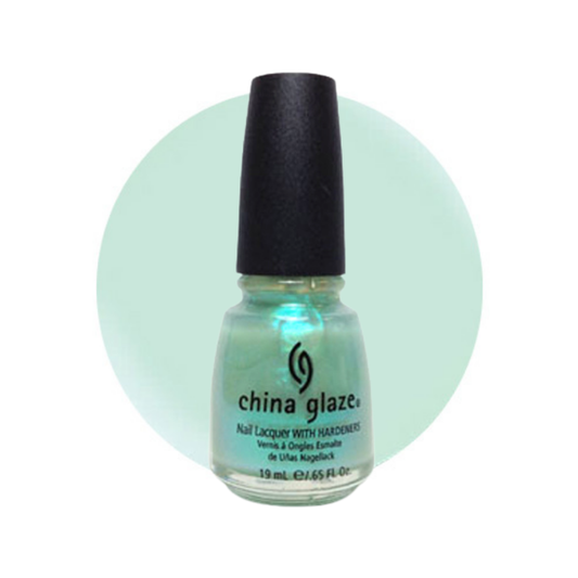 A bottle of China Glaze nail lacquer with a black cap, showing a light mint green color, set against a white background with a matching mint green circular graphic.