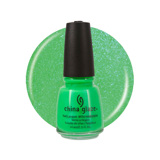 A bottle of China Glaze nail lacquer in a bright green glitter shade, shown in front of a matching circular swatch on a white background.