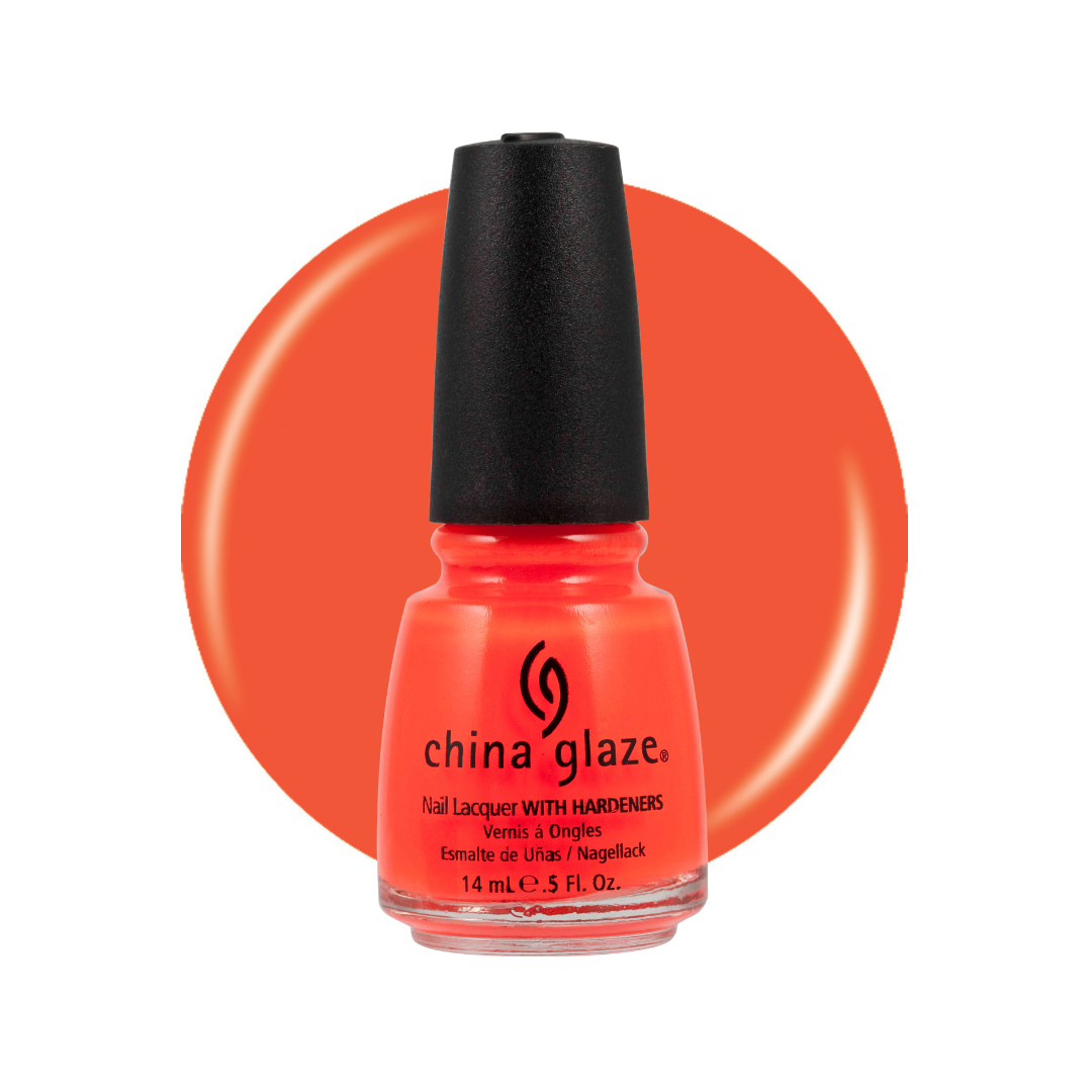 A bottle of China Glaze nail polish in a bright coral-orange shade, shown against a matching circular color swatch on a white background.