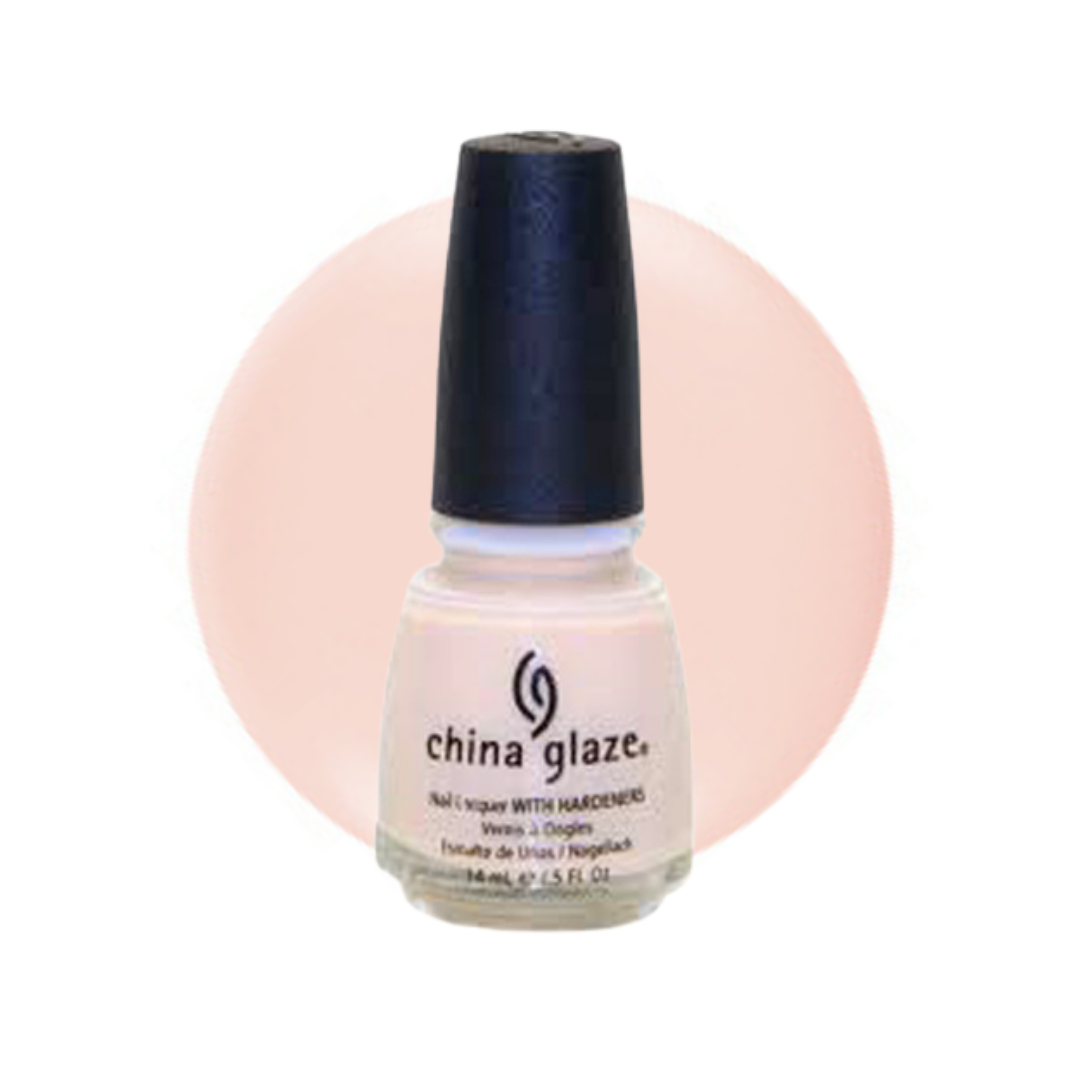 A bottle of China Glaze nail polish with a pale pink color and a black cap, set against a white background with a soft pink circular color swatch behind it.