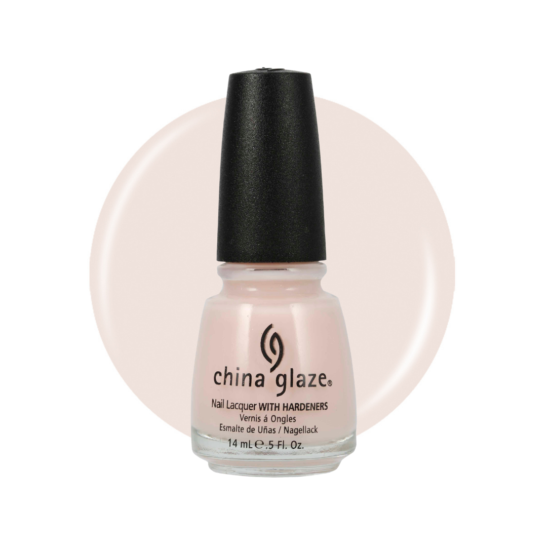 A bottle of China Glaze nail polish with hardeners in a pale pink shade, shown against a white background with a matching circular color swatch behind it.