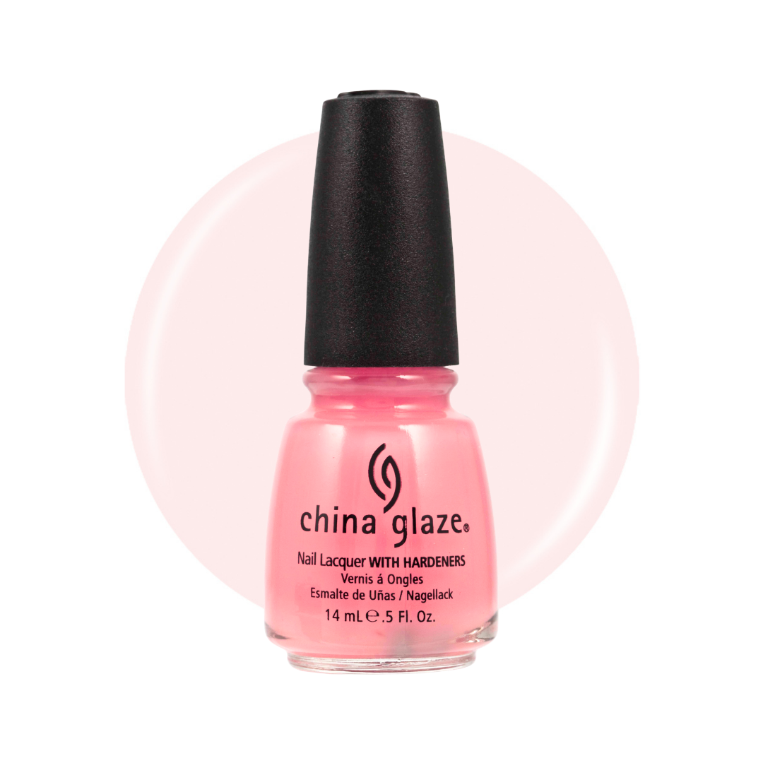 A bottle of China Glaze nail polish in a bright pink shade, featuring a black cap and clear glass bottle, set against a white background with a soft pink circular color swatch behind it.