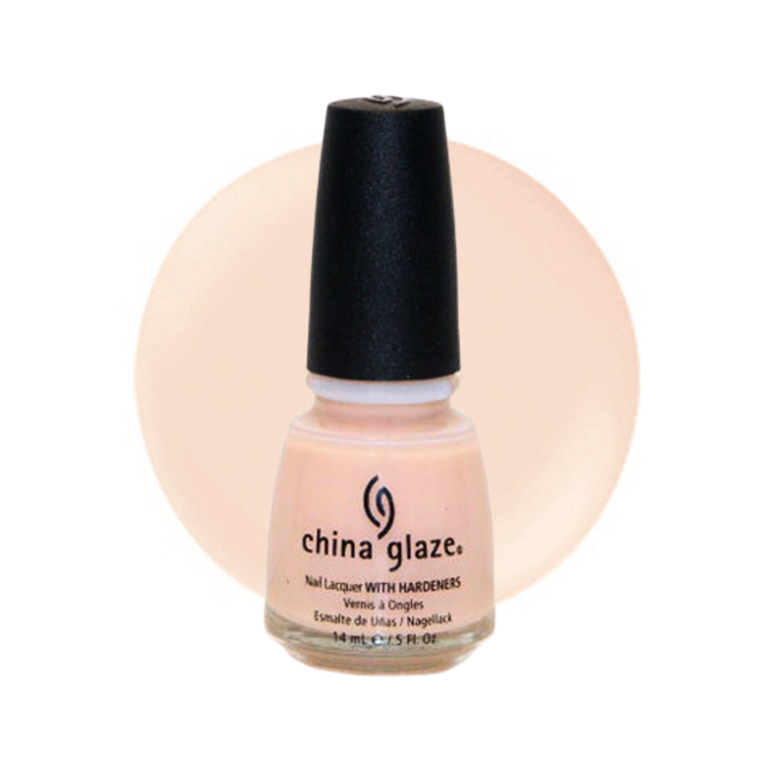 A bottle of China Glaze nail polish in the shade light peach-beige color with a black cap, set against a matching peach-beige circular swatch on a white background.