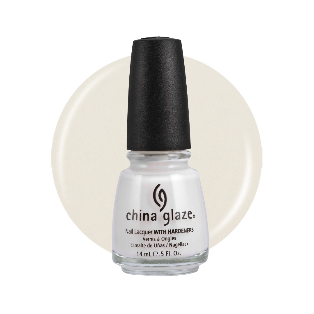 A bottle of China Glaze nail polish with a black cap, shown against a white background with a circular swatch of the off-white nail lacquer color behind it.