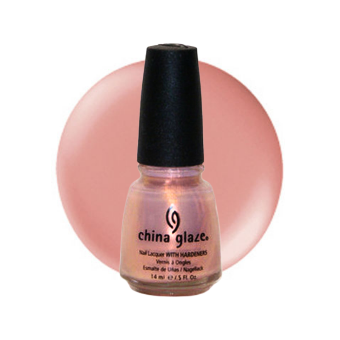 A bottle of China Glaze nail polish with a black cap, shown in front of a large circular swatch of the pink polish color on a white background.