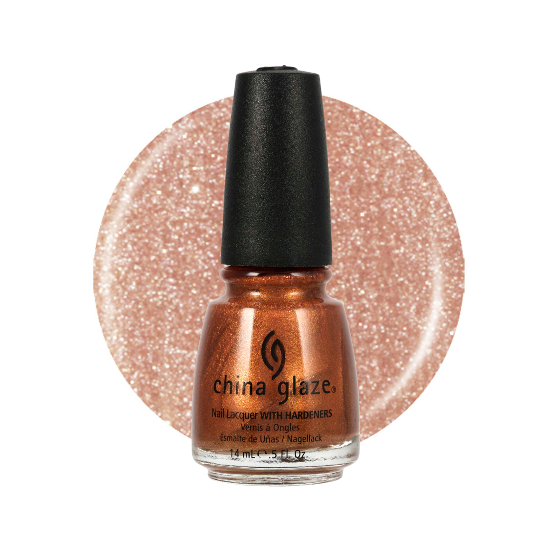 A bottle of China Glaze nail lacquer with hardeners in a sparkling copper-orange shade, set against a circular glitter swatch of the same color on a white background.